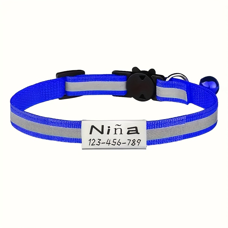 TEMU 1pc [personalized Cat Collar] Personalized Cat Collar With Reflective Strip - Custom Engraving Of Name And Cat Design, Adjustable, Soft And ,