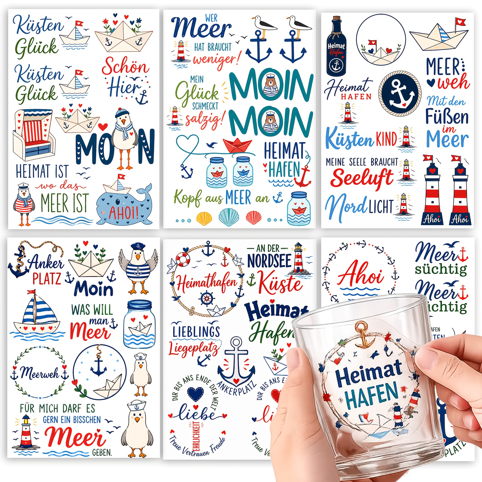 Image of 6 Sheets Of Nautical-style Uv Dtf Crystal Transfer Stickers Featuring Anchors, And Northern German Greeting Slogans, For Glass Cups, Mugs And Water Tumblers, Decorative Craft Stickers For Ocean Lovers