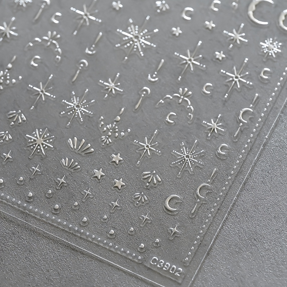 1 Sheet 5d Embossed Moon -adhesive Nail Art Stickers, Silvery & Golden Decals For Diy Manicure, Nail Art Decorations With Shimmering Geometric Patterns