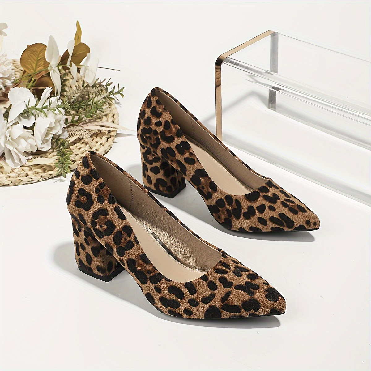 

Women's Leopard Print Block Heels, Fashion Point Toe Dress Pumps, Stylish Slip On Heels