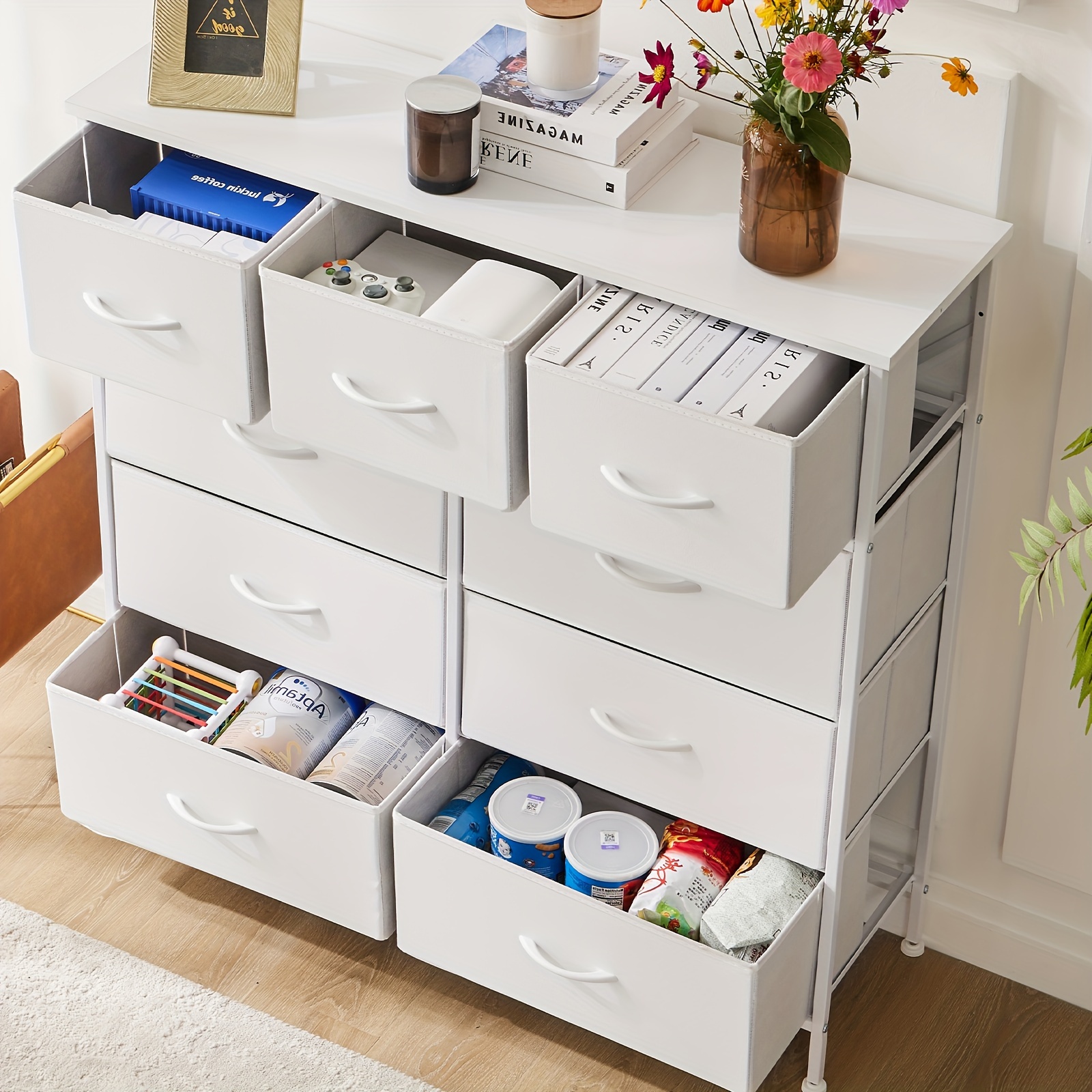 

Dresser For Bedroom With 9 Drawers, Clothes Drawer Fabric Closet Organizer, Dresser With Metal Frame And Wood Tabletop, Chest Storage Tower For Kids Room, Nursery, Living Room, Entryway White