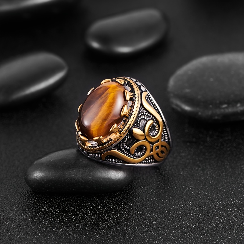 

1pc High Quality Copper Vintage Creative Men's Personality Dominantset Natural Tiger Eye Stone Ring Fashion Hip Hop Punk Ring Perfectjewelry Gift For European And American Men