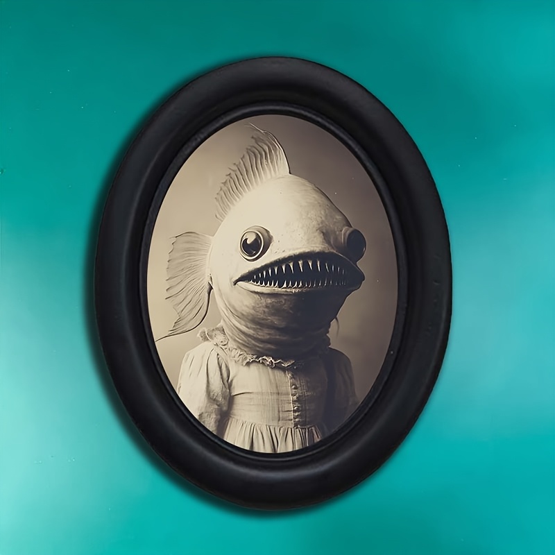 TEMU 1pc Victorian Bohemian Style Photo Frame - Whimsical Fish-shaped Monster Oval Wall Art With Hook, Vertical Hanging Frame For Living Room,