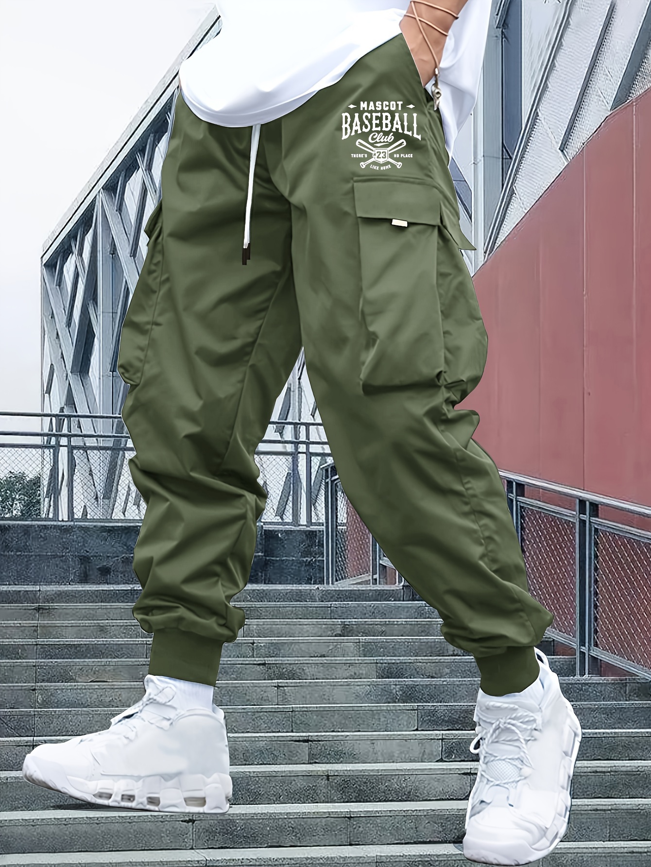 men's letter print regular fit cuffed cargo pants drawstring