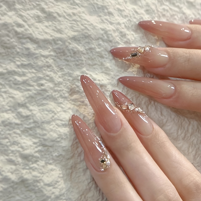 TEMU 30pcs /korean -on Nails Long Drop Shape Nude Rhinestone False Nails Suitable For Daily Wear, Parties, Weddings With Jelly Glue & Filing Strips -
