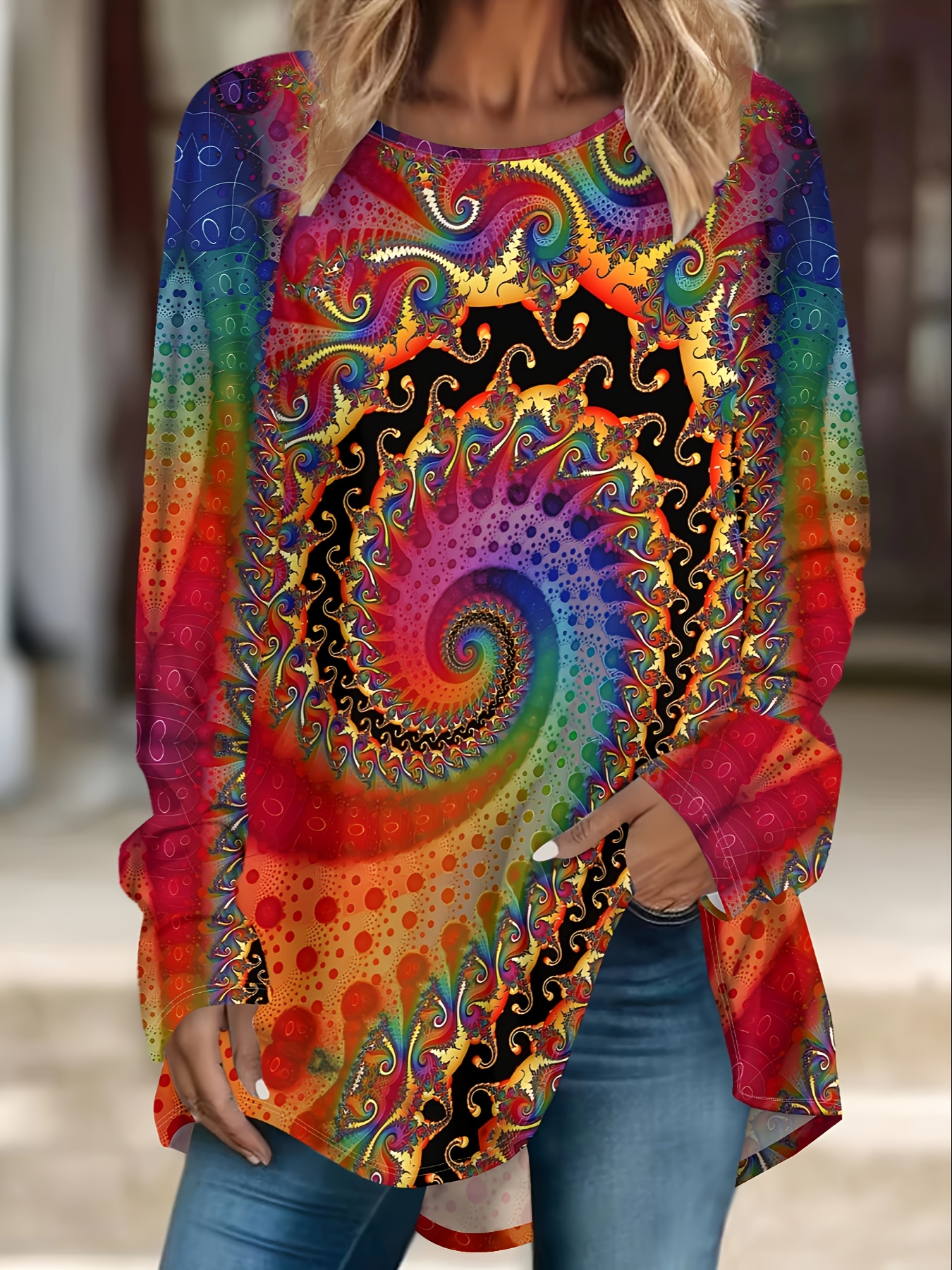 womens long sleeve tunic top vibrant multicolor mandala Temu