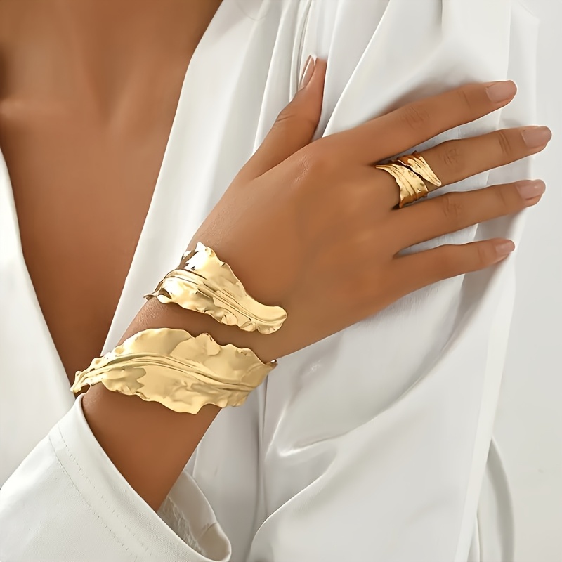 two piece set fashionable trendy leaf open bracelet ring two piece set suitable for and   daily wear