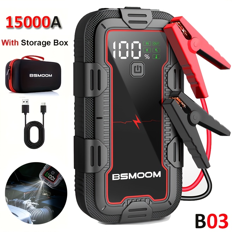 TEMU Démarreur de voiture 12V 15000A, pack de démarrage batterie auto, batterie externe, jump box avec écran LCD et lumière LED (tous moteurs essence