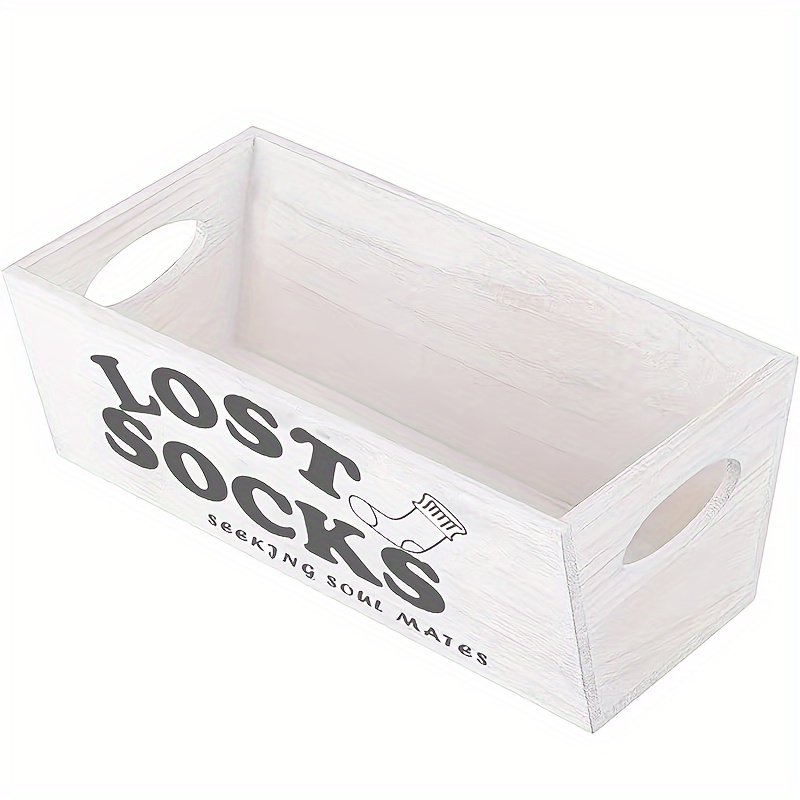 

1pc Farmhouse Wooden Lost Socks Basket, 11x15x10.5 Inches, Rustic Laundry Room Decor With "seeking Soul Mates" Logo, White Storage Organizer For Mismatched Socks