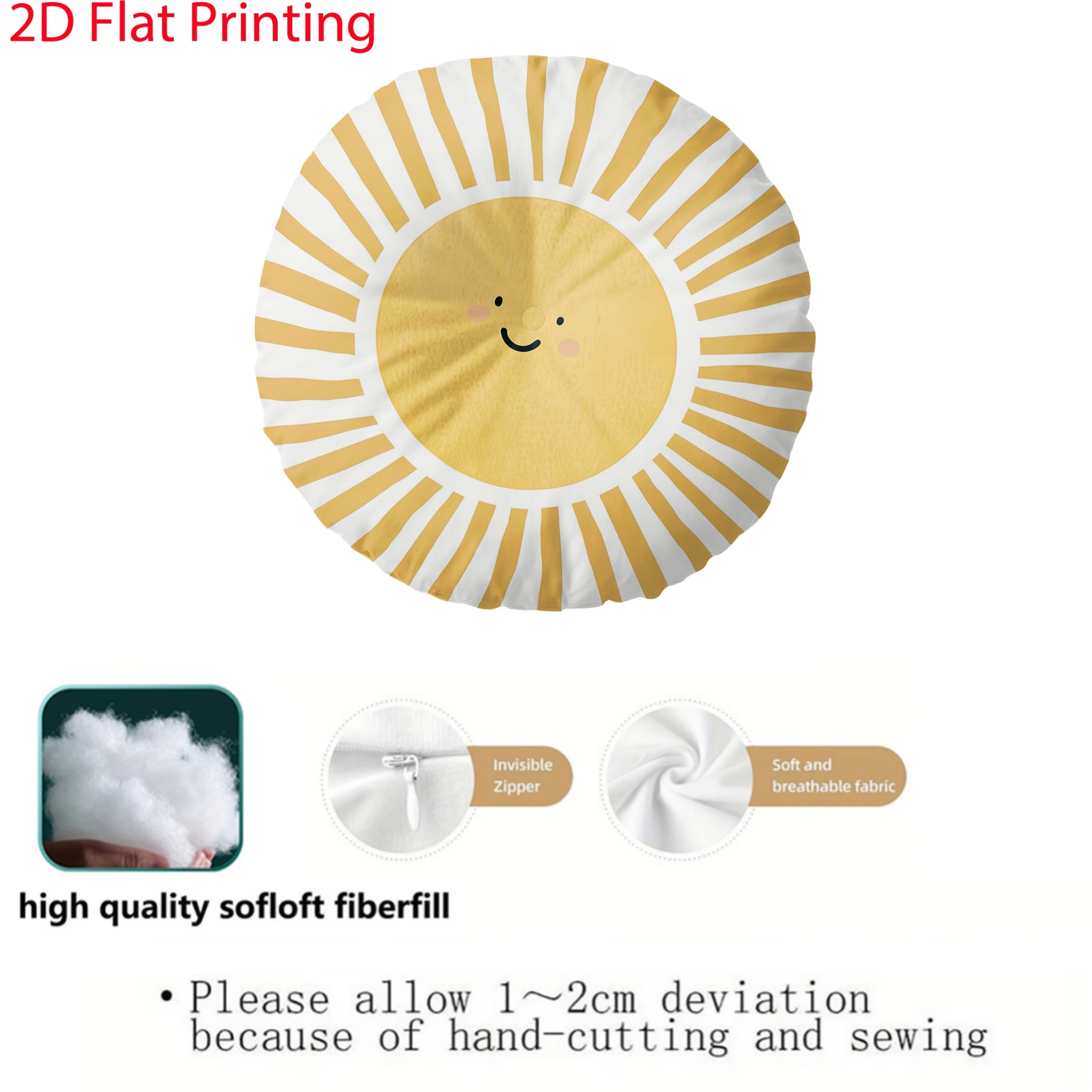 TEMU 1pc 2d Printing Cute Smiling Sunshine Round Throw Pillow, Minimalist Warm Boho Aesthetic Soft Stuffed Cushion, Cozy Chic Statement Decorative