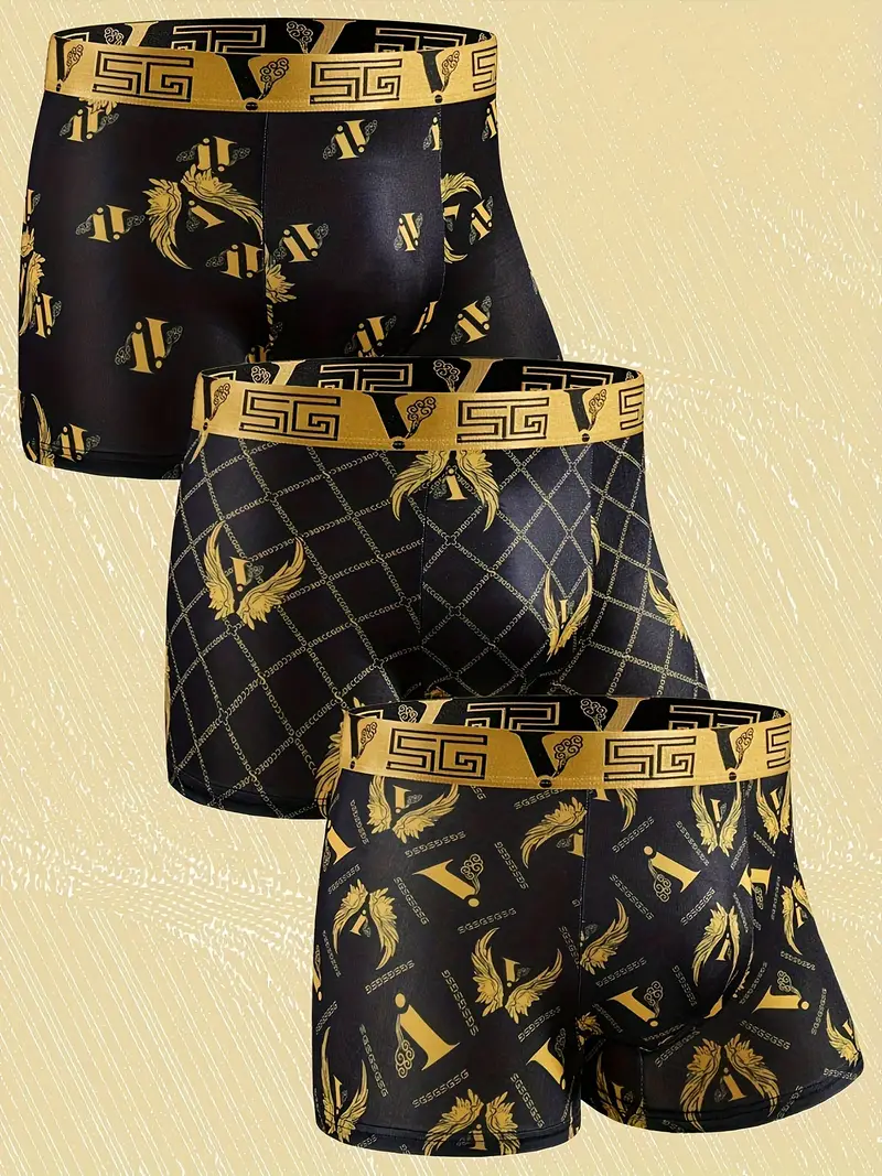 black package stylish series 3pcs mens chain print boxer briefs comfy antibacterial luxury underwear set as gift details 6