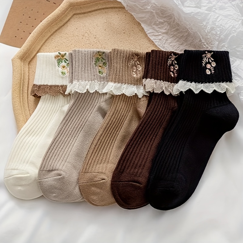 Image of 5-pair Turn-up Embroidered Small Flower Mid-calf Socks For Teens, Spring/fall Style, Turn-up Lace Socks, Ins-style Trendy And Versatile, Fall/winter Season, Girly Slouch Socks, For Teenager