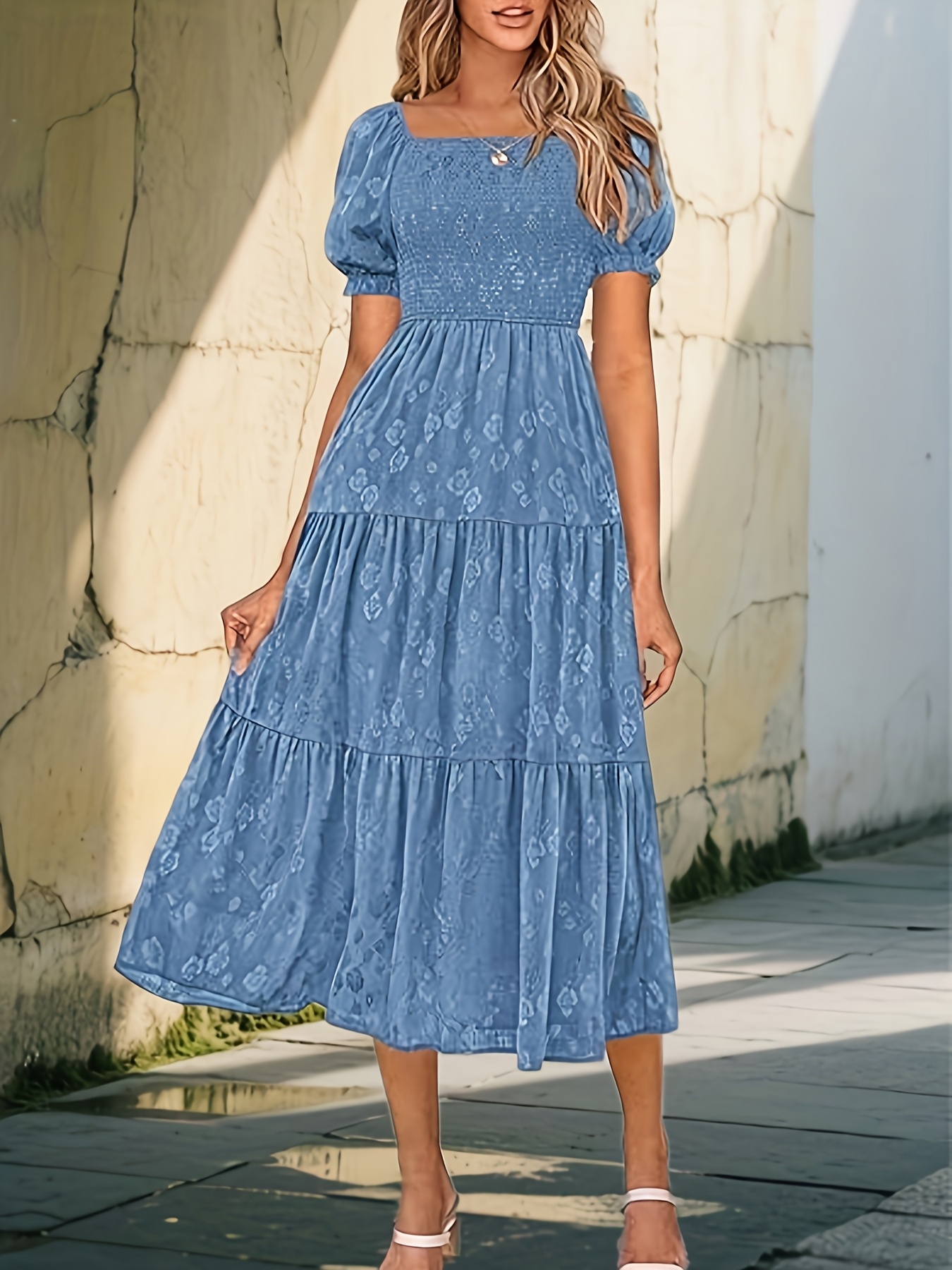 womens 2025 summer casual midi dress square neck short - Temu Germany
