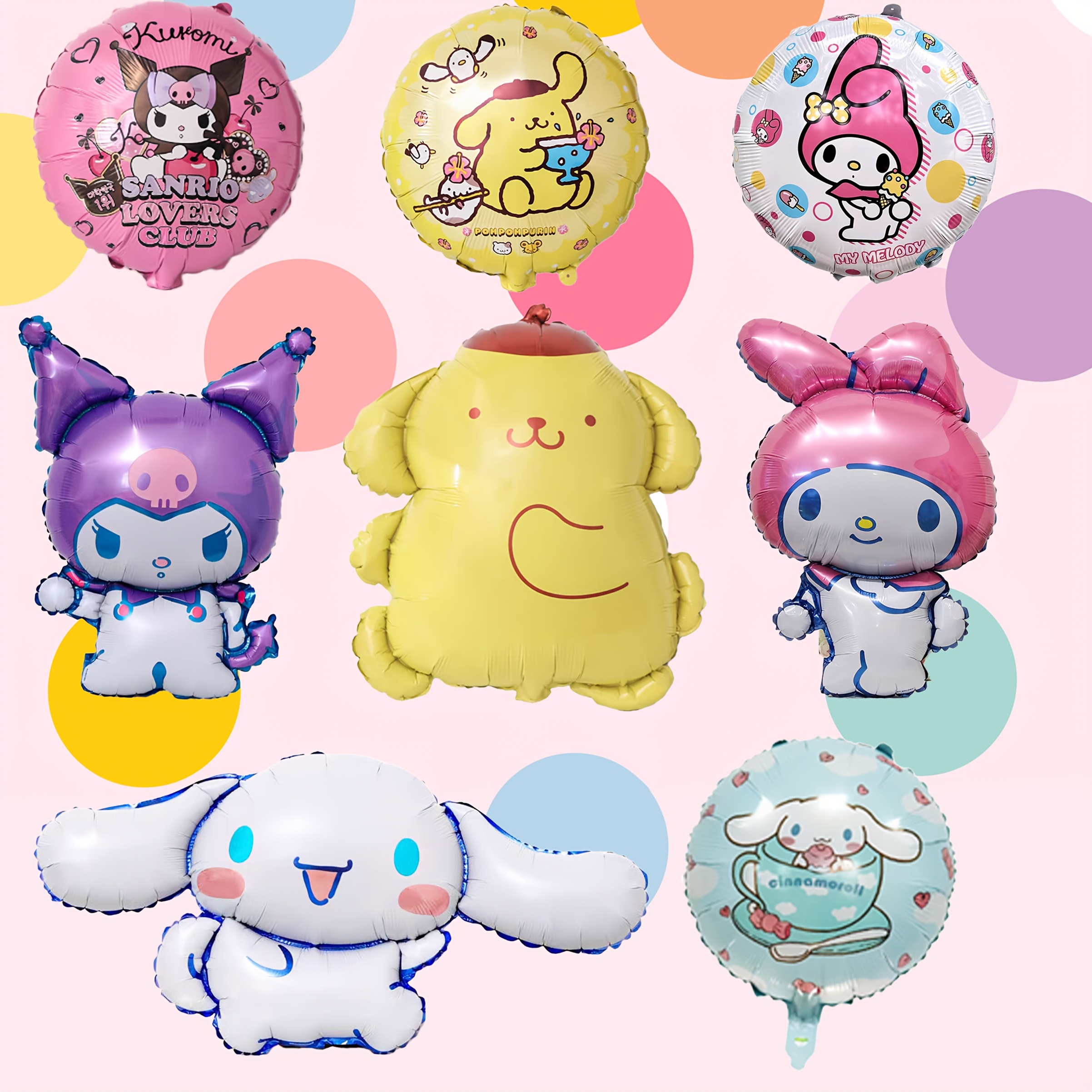 Image of Set Of 8 Series Cute Cartoon Aluminum Foil Balloons Featuring Kuromi, Melody, Cinnamoroll, And Pudding Dog, Perfect For Photography Props And A Atmosphere In Setting