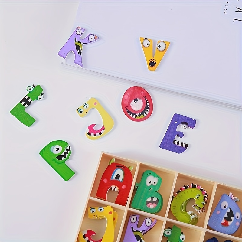 

104-piece Wooden Monster Alphabet Letters With Storage Tray Set, Natural Unfinished Wood Craft Letters For Learning, Educational Gift, Home Decor, Cartoon Style, Indoor & Outdoor Use