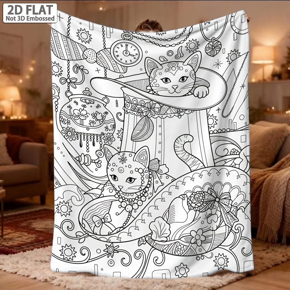 TEMU 1pc Coloring Blanket Suitable For Adults - Vintage Line Art Flannel Throw With Black & White Cat Print, Warm Bedspread For Coloring Activities,