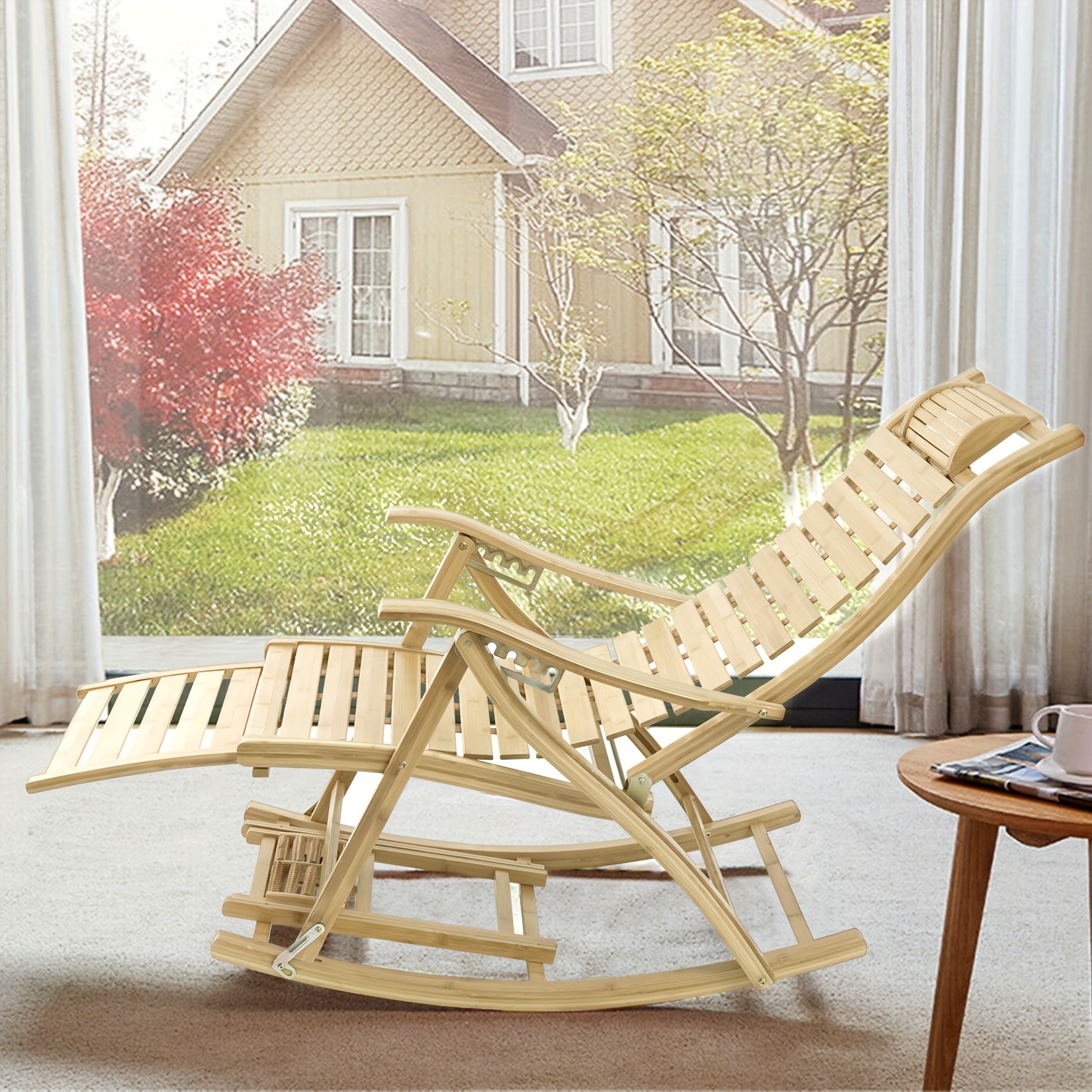 AESOME Loungers Deck Chair Wood Foldable Recliner Zero Gravity Chairs Bamboo Rocking Chair Ergonomic Design High Back Chaise Garden Outdoor Sun Lounge with Footrest for Patio Pool Sauna Sunbed