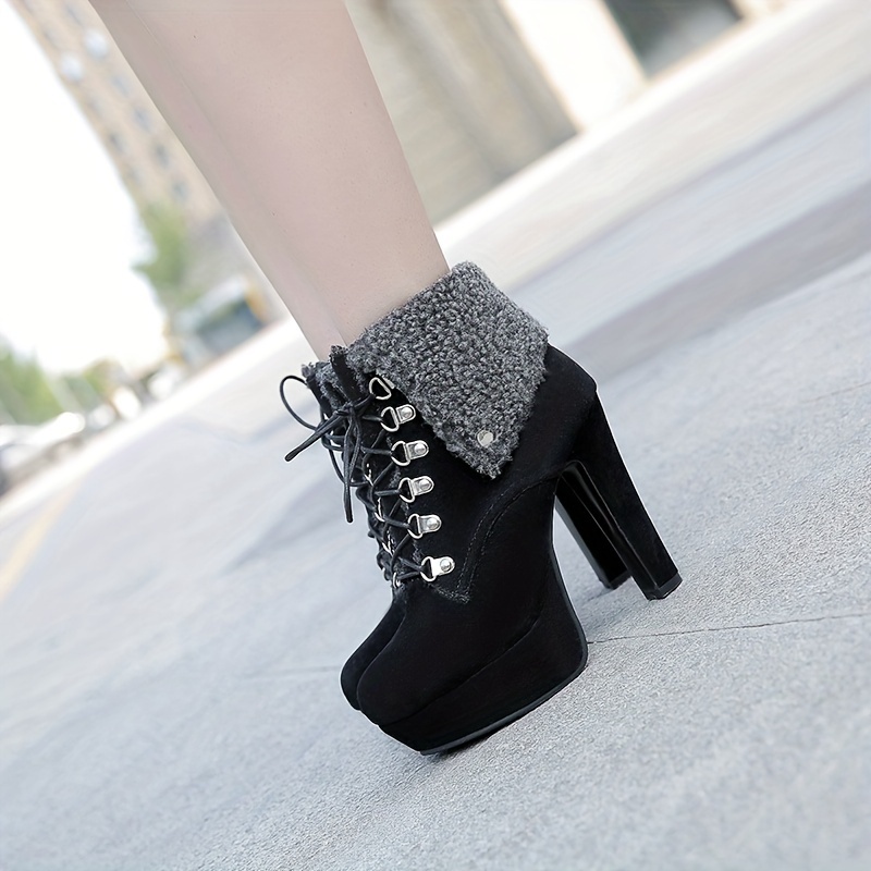 Women'S Sexy faux fur Lined Ankle Boots, Round Toe Block Heel High Heels, All-Season Riding Boots with Lace-Up Closure, Solid Color Fabric Upper, Rubber Sole, Warm Fleece-Lined for Winter Boots