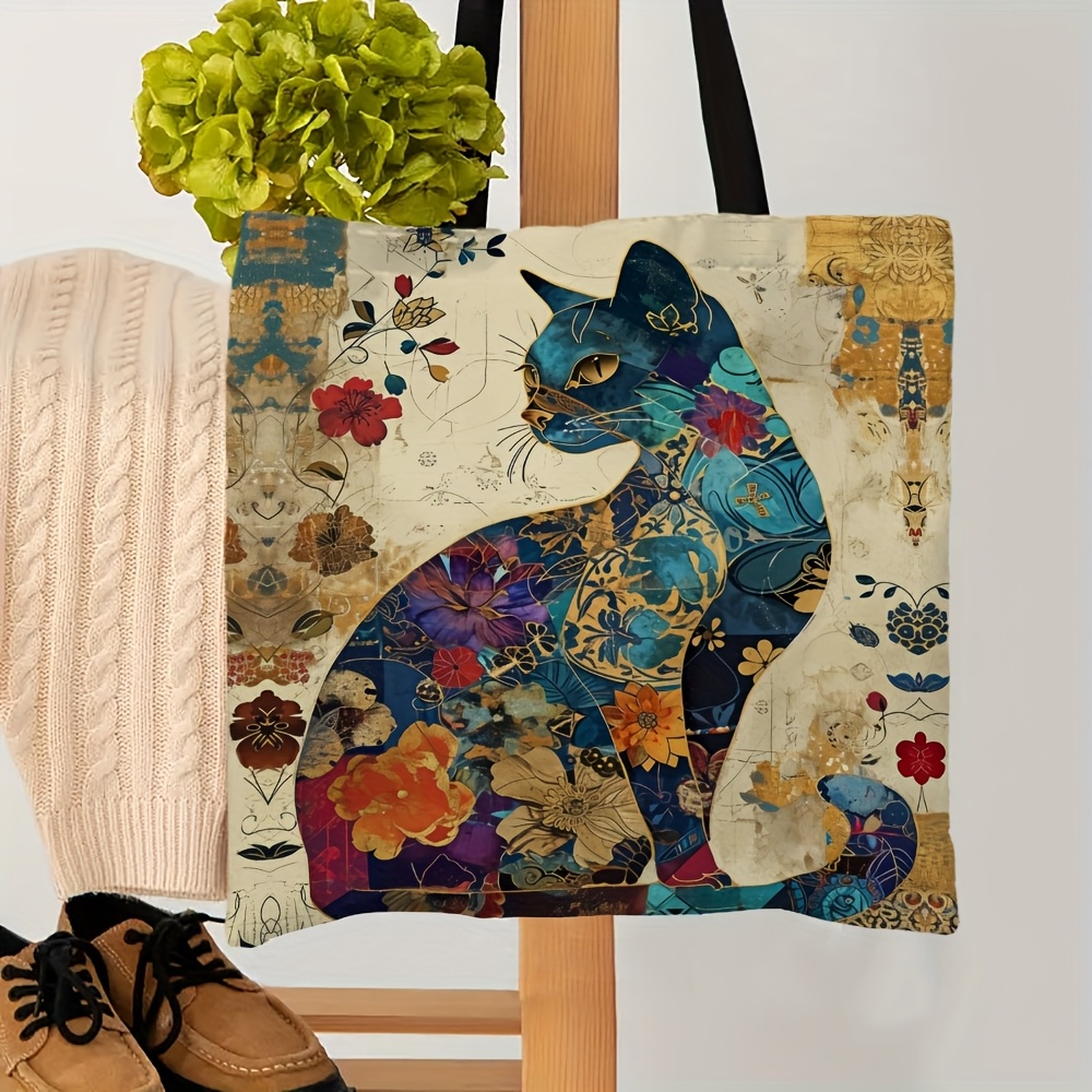 Image of A Floral Cat Pattern Vintage Tote Bag, Reusable Shopping Bag, Women's Wallet And Handbag, Shoulder Bag, Lightweight Grocery Shopping Bag Made Of Fabric