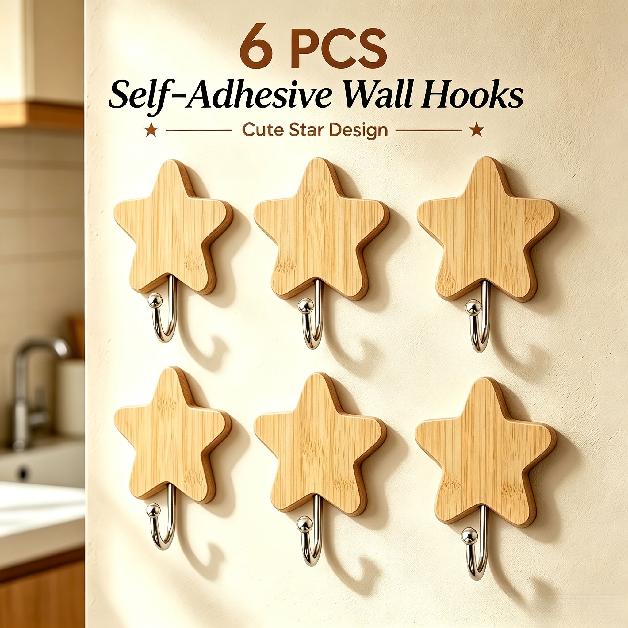 TEMU Paquete de 6 ganchos de pared autoadhesivos de madera engrosados con forma de estrella creativa, ganchos adhesivos fuertes sin taladro para