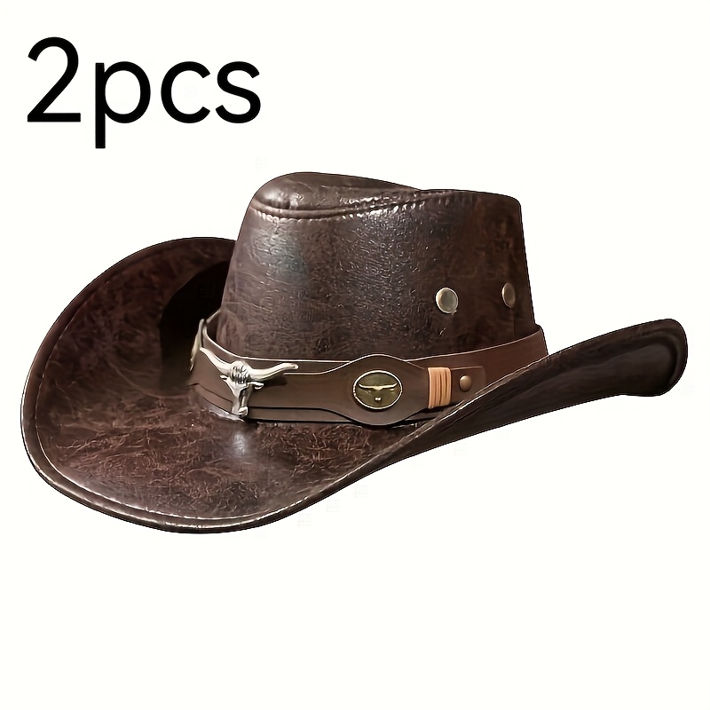 TEMU 2pcs Chapeaux de Cowboy Western, Boucles Tête de , Chapeaux Jazz à Large Bord, - Design d'Activités de Printemps, Été et Automne, Coiffure
