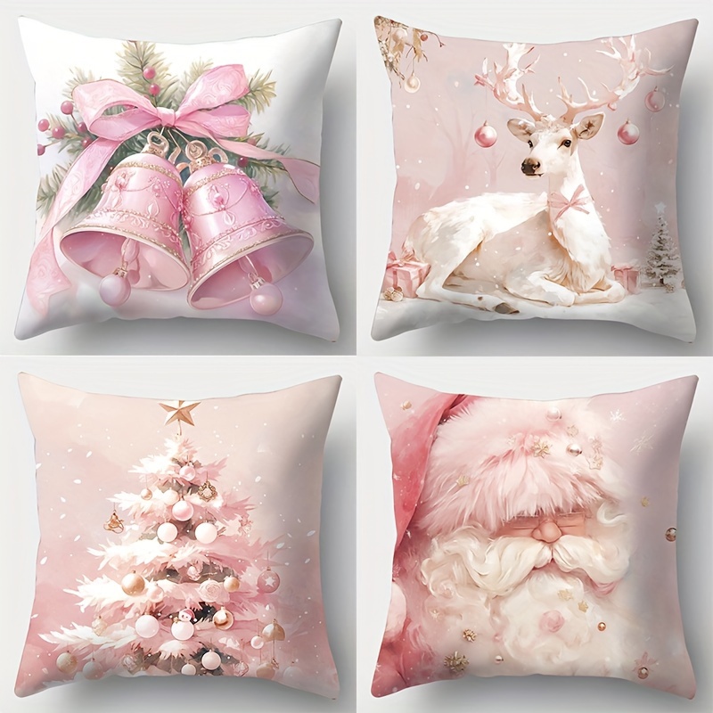 

4pc Contemporary Christmas Throw Pillow Covers With Santa Claus & , Holiday Cushions, Zipper Closure, Hand Wash, Woven Polyester Living Room Decor