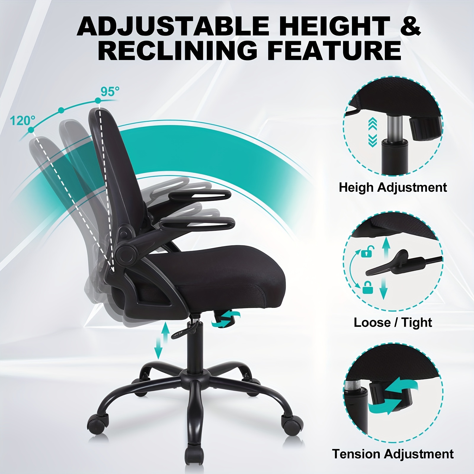 ergonominen musta verkkotoimistotuoli, jossa on selkänoja ja säädettävät käsinojat, säädettävä korkeus,   metallirunko ja 5-pyöräinen alusta, sopii   tai toimiston työpisteisiin