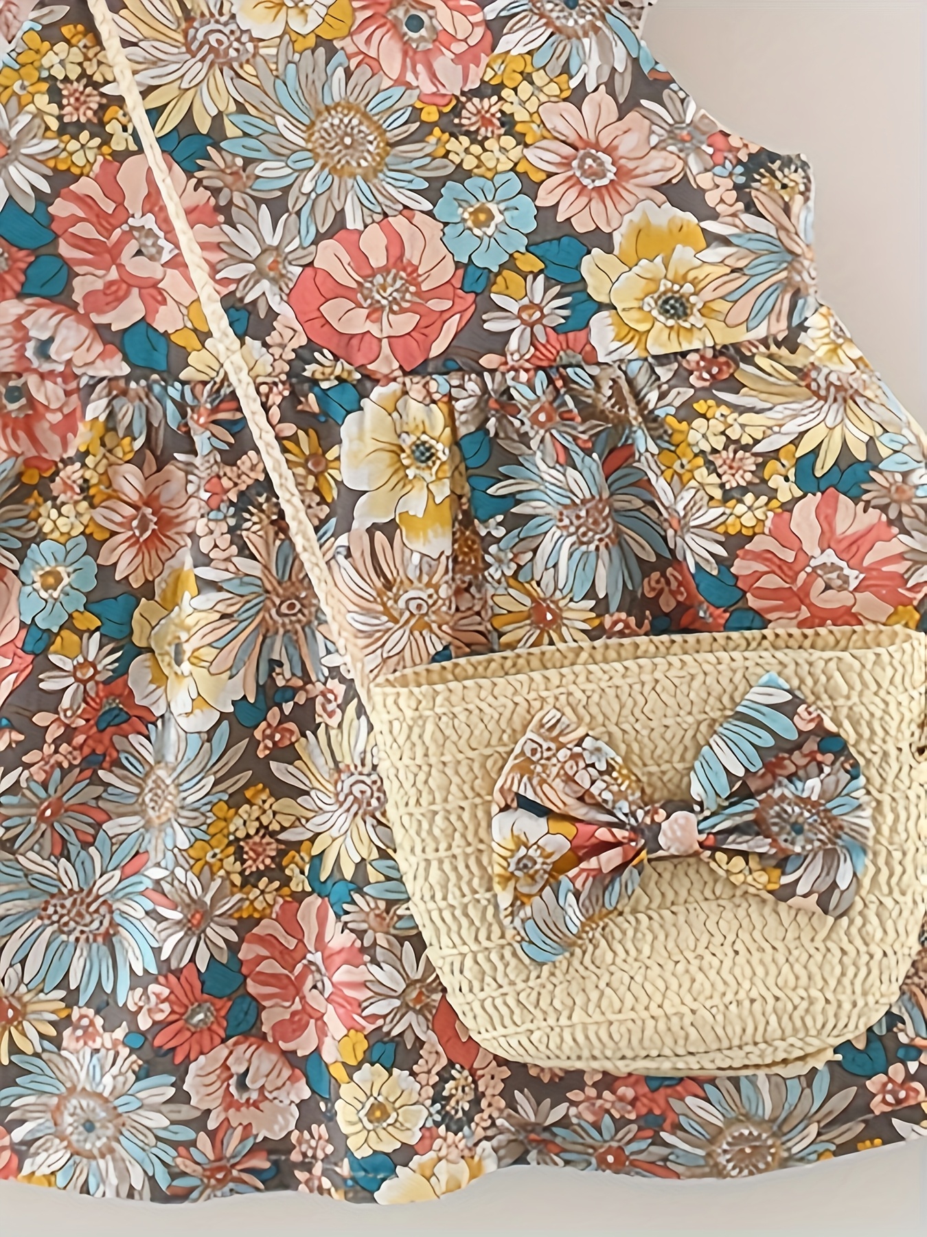 Robe sans manches à imprimé floral mignon pour bébé fille avec sac fourre-tout en paille - Tenue d'été vibrante, tissu non extensible, coupe régulière, parfaite pour des looks doux et adorables, tenue mignonne | Imprimé jouet | Sac fourre-tout en paille, vêtements pour bébé