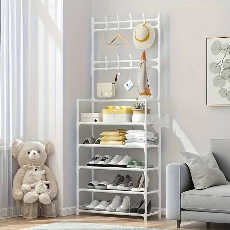 5-Tier Stainless Steel Coat Rack and Shoe Rack - Space-Saving Entryway Organizer with Hooks for Jackets, Hats, Bags, and Umbrellas - Easy to Assemble, Versatile Storage for Bedroom, Hallway, or Office, Accessory Rack | Stylish Modern Shelf | Durable