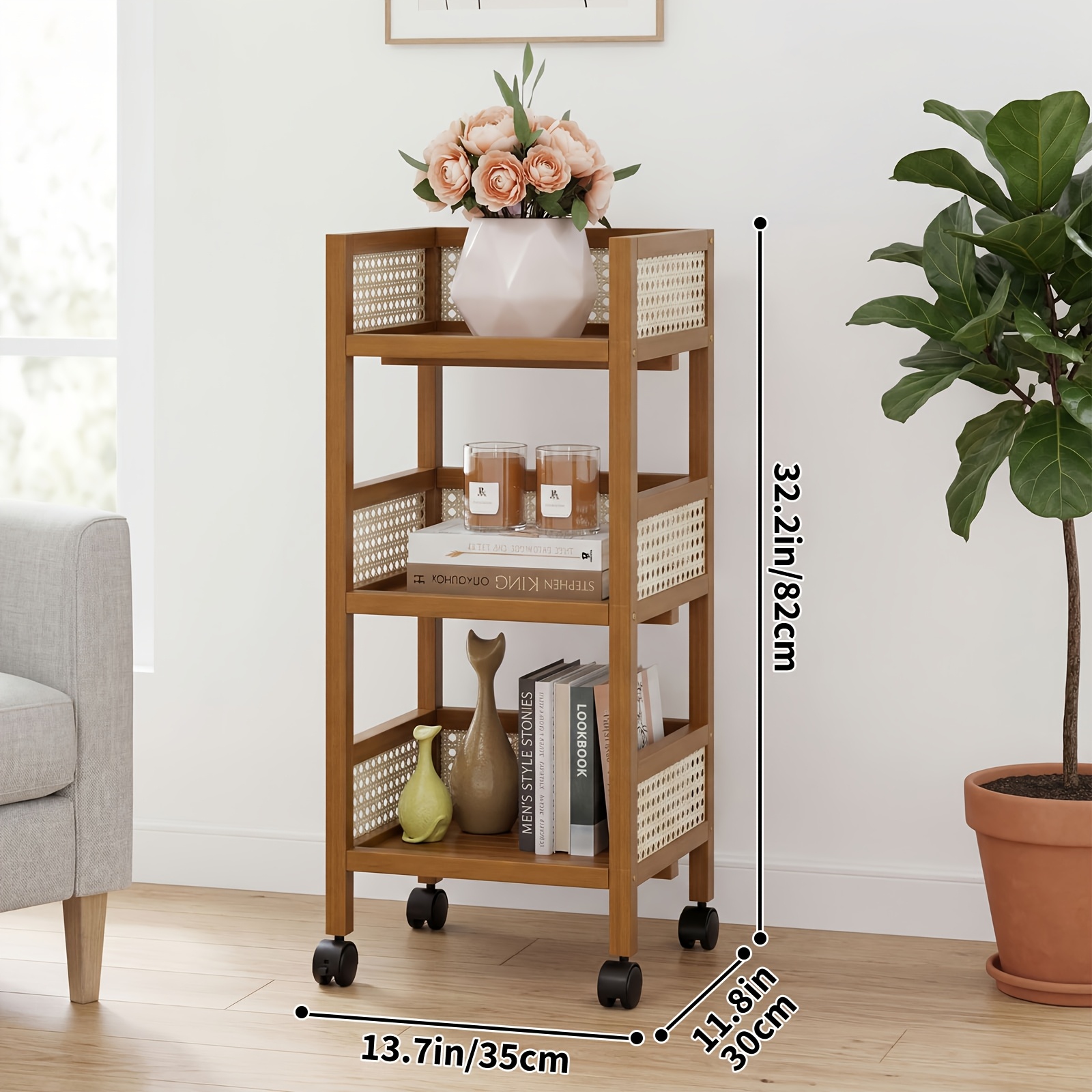 Image of 3-tier Wooden Rolling Cart With Wheels, Elegant Rattan Style Storage Trolley, Organizer For Kitchen Counter, Coffee Bar, Bathroom & Home Use, 35/50/70cm Options, Standing Shelf
