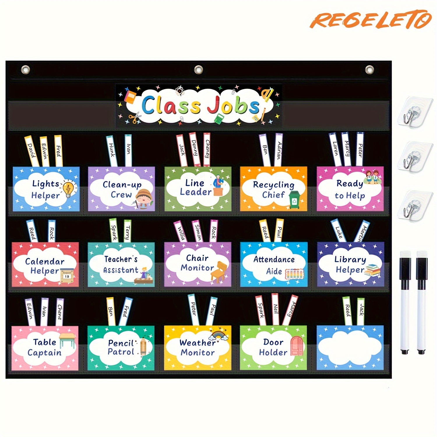 class jobs pocket chart with 70pcs colorful cards including 3 hooks and 2 dry erase markers 420d   management pocket chart teachers helper size 24 5x21 8inch black