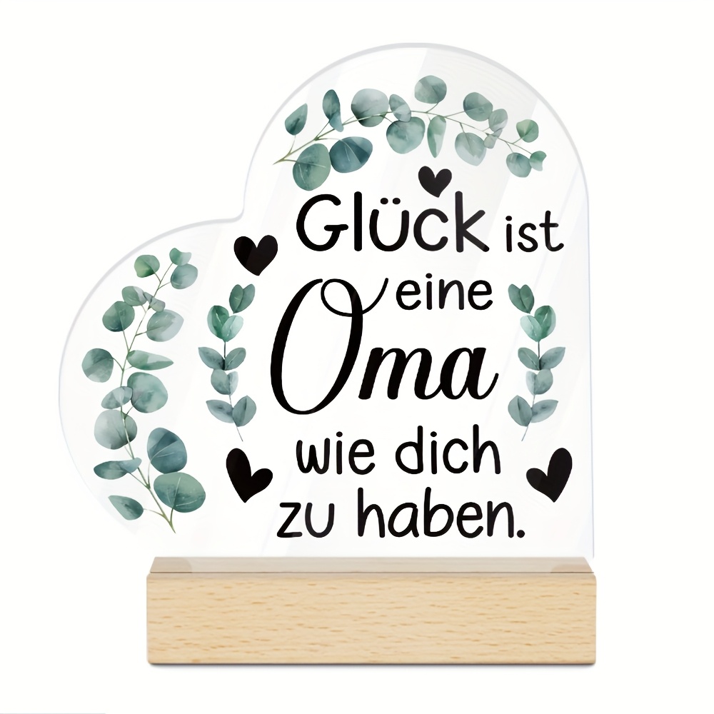 E-shop 2D Flache, Deutsche Oma-Zitat-Tischdekoration – Herzförmige elegante Anzeige mit „Glück hat eine Oma wie dich“ – Batteriefreie Acryl-Dekoration