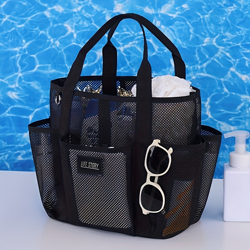 TEMU Fashion Beach Tote Bag Portable Organizer Mesh Lightweight Handbag Clothes Storage Pouch Suitable For Travel And Vacation, Breathable Foldable With Multiple Side Pockets Essential For Holidays