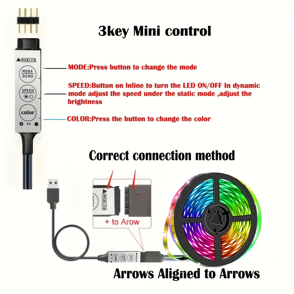 1 Stk. USB 5050 RGB LED Streifen Licht, Farbwechsel möglich, Betrieb mit DC 5V, Zuschneidbares Design mit physischem Tastenstecker, Einstellbare Helligkeit und Farbe (Batterie und Fernbedienung nicht enthalten)