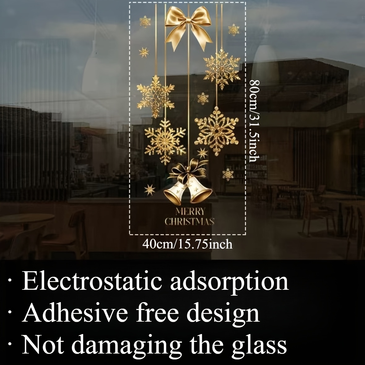 A Golden Christmas-themed Hanging Window Sticker, Printed With Technology, Designed For Full Static Adsorption, Suitable For Home Holiday Decorations And Beautifying Store Windows