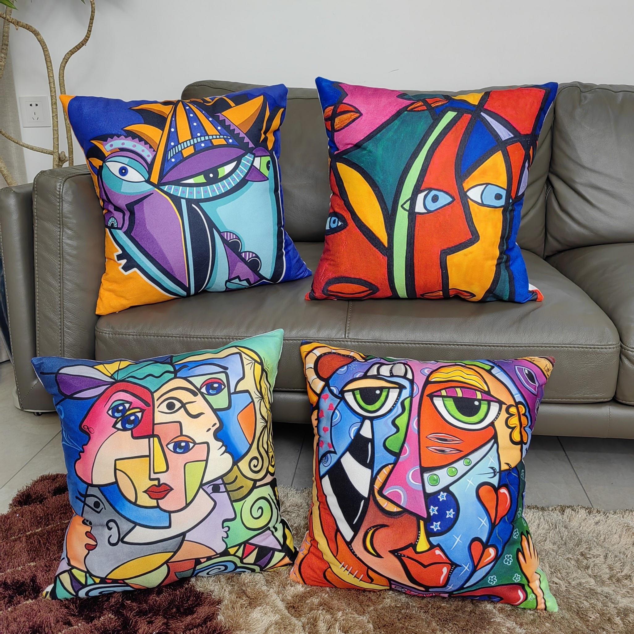 

4pcs, Geometric Abstract Square Vintage Polyester Cushion Cover, Retro Throw Pillow Cover, Bedroom Accessories, Sofa Cushion Cover, Living Room Throw Pillow Cover (no Pillow Core)