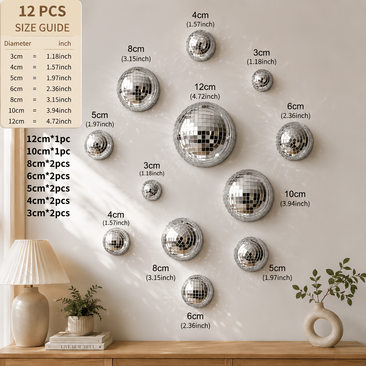 TEMU 12-pack Mixed Size Mosaic Disco Half Sphere Decorations, Mini Disco Ball Set, Wall Ornaments For Single Birthday Disco Themed Party, Home Decor,