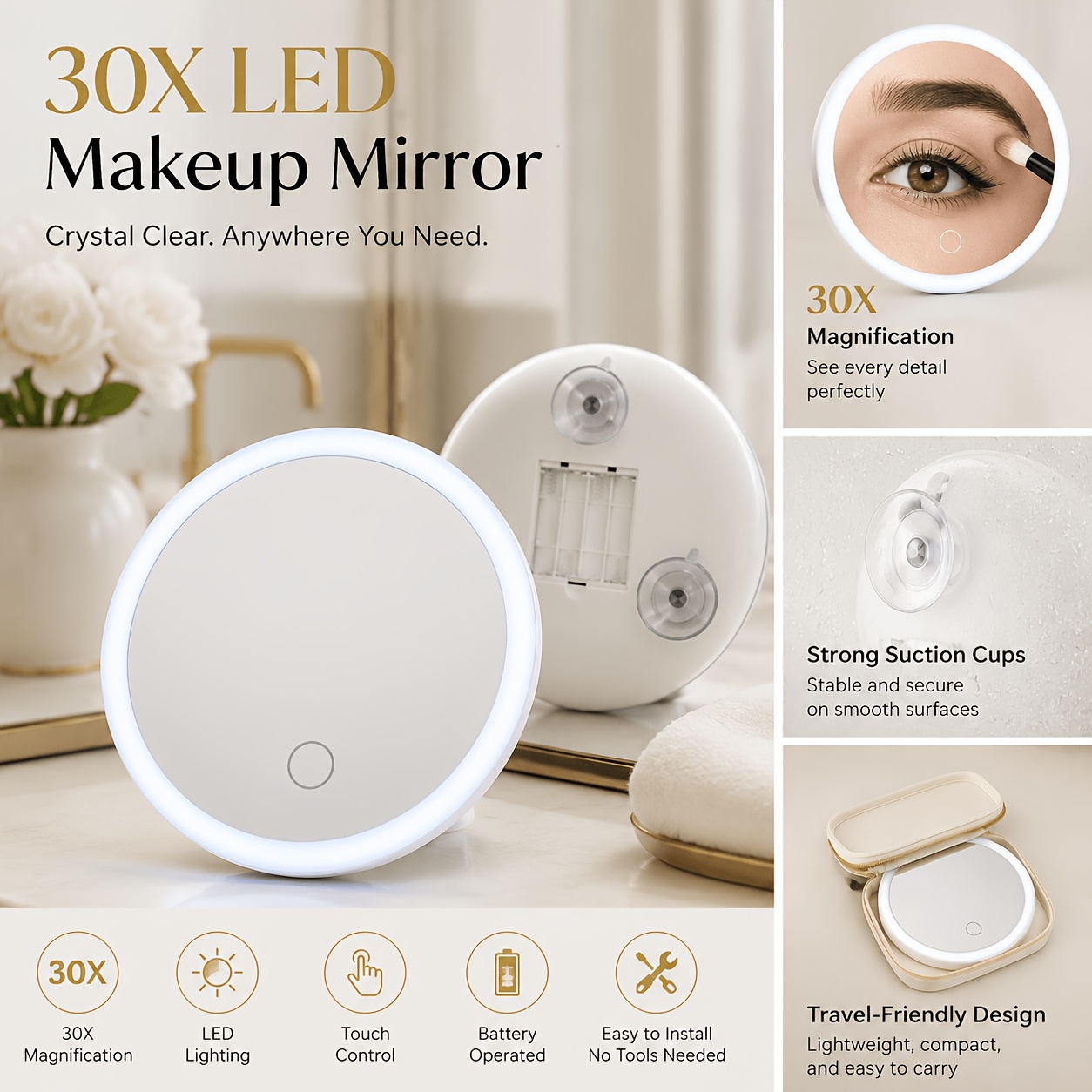 TEMU -x Magnifying Led Makeup Mirror With 3 Suction Cups. Designed For Bathroom Use, It Features A No-drill Installation For Easy Removal And