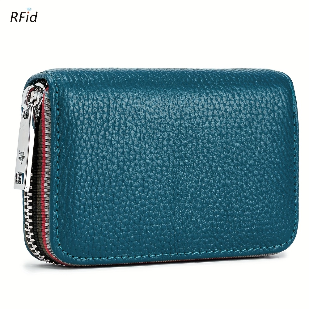 Image of Genuine Leather Holder Small Zipper Wallet Solid Coin Purse Accordion Design Rfid Credit Card Bags Card Holder