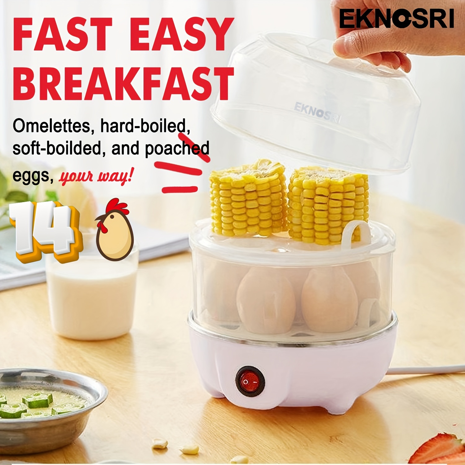 

Eknosri Electric Egg Poacher, Egg Steamer, , Egg Cooker, Boiler Maker Soft, Medium Or Hard 14 Egg Capacity Automatic Shut Off, , White