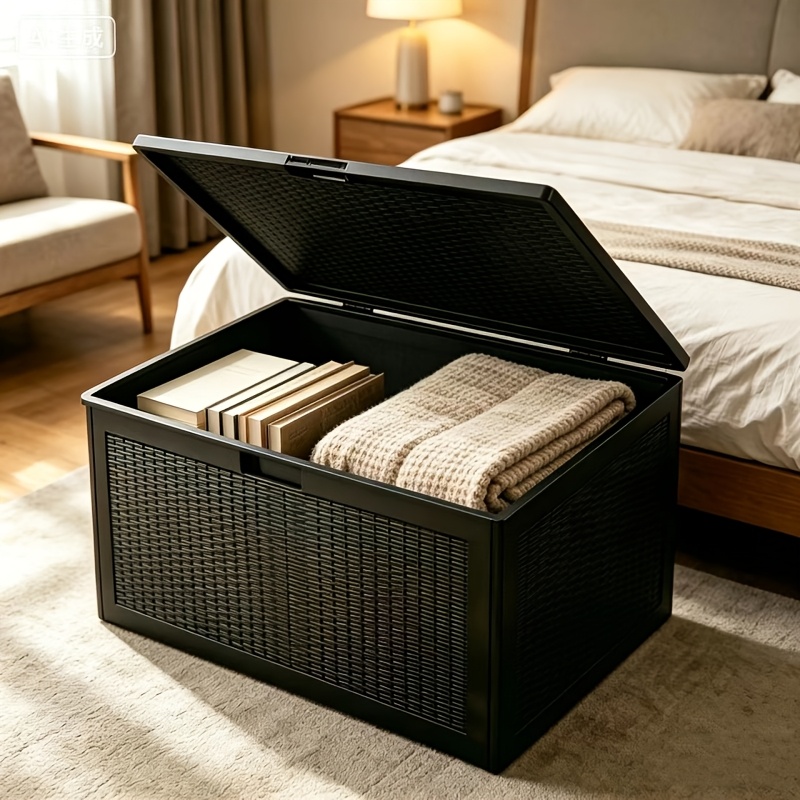 Black Storage Box with Lid, Sturdy Large Storage Container for Bedroom Clothing Pillow Organizing, Multipurpose Household Storage Trunk Organization Essential Space Saver Storage Bin