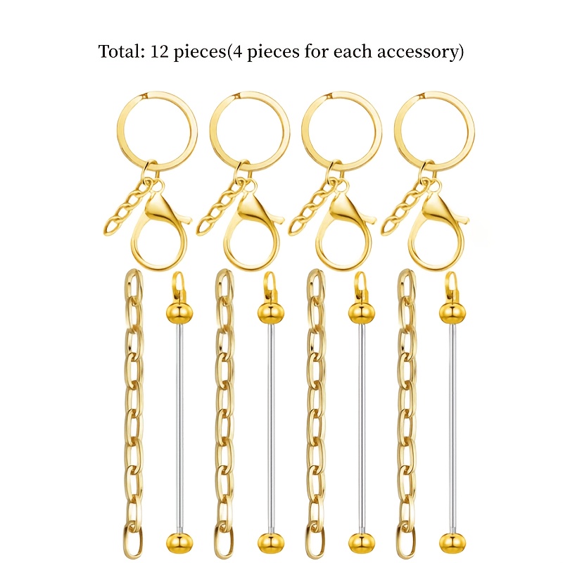 TEMU 12 Bead Rod Keychains, 4 Bag Clasp Bead Rods, 4 Key Rings, 4 Chains, Blank Bead Keychains - Bead Keychain Materials For Gift And Wallet Making,