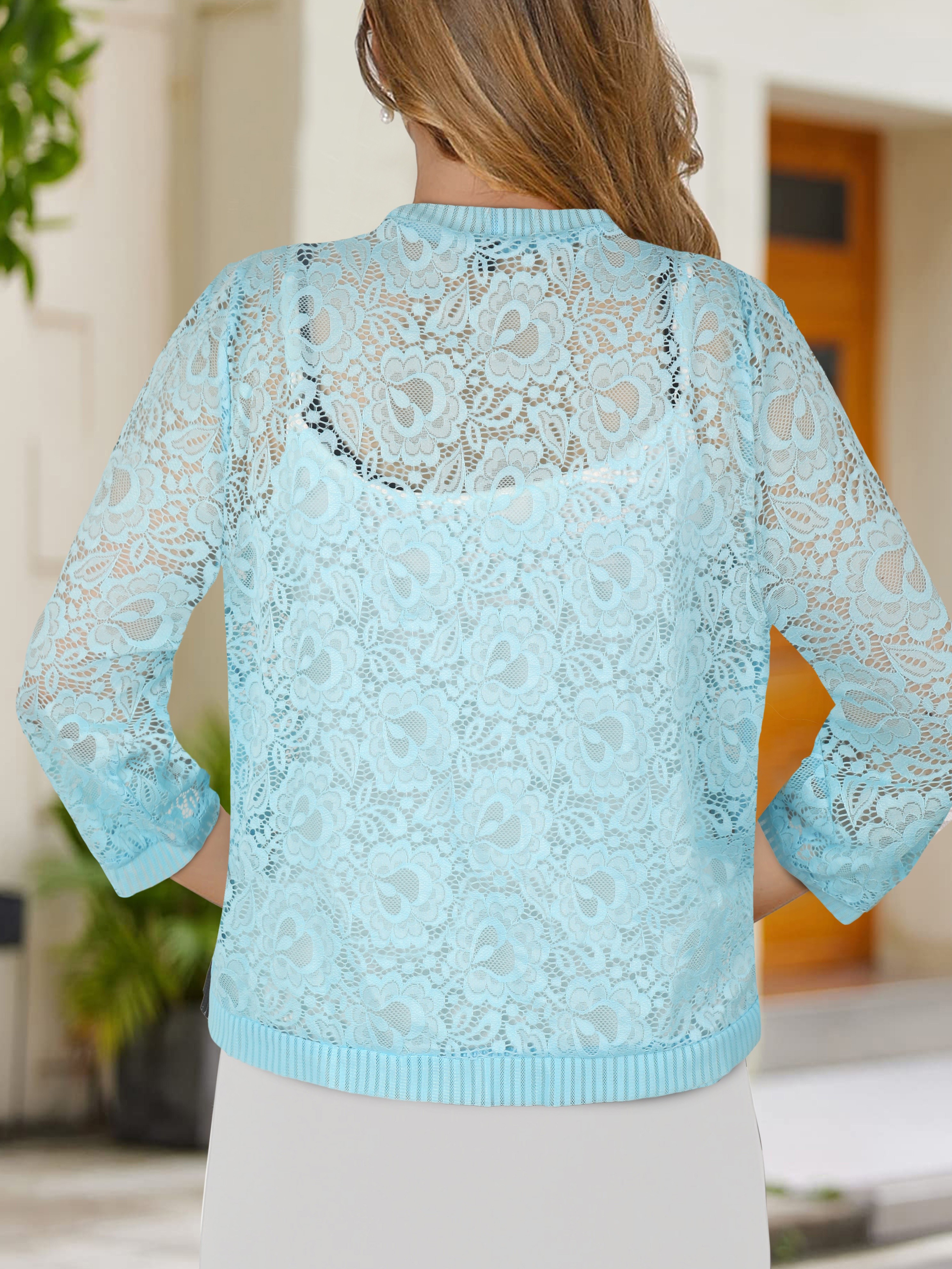 Floral Lace Open Front Cardigan Versatile 3/4 Sleeve - Temu