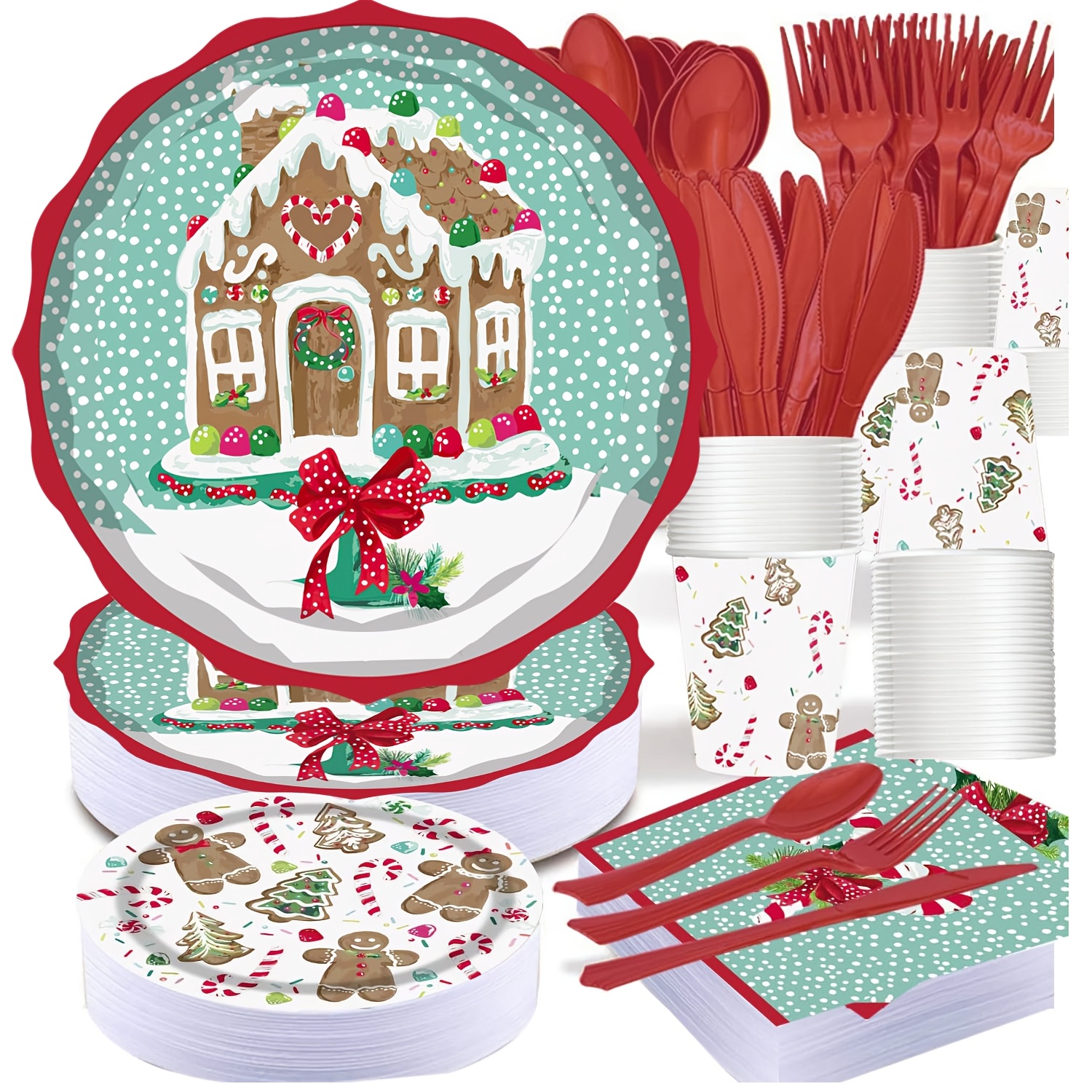 

177pcs Gingerbread Christmas Party Supplies Set - Includes 25 Disposable Dinnerware Sets With Plates, Cups, Napkins, Utensils & Tablecloths - , Serves 25 Guests, Gingerbread Christmas Decorations