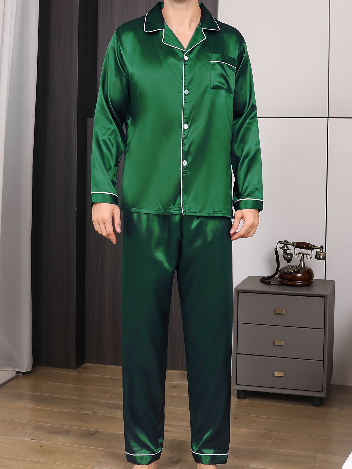 Zweiteiliger Herren-Schlafanzug Aus Baumwolle – Langarm-Oberteil & Loungehose, Bequem Als Pyjama Oder Loungewear
