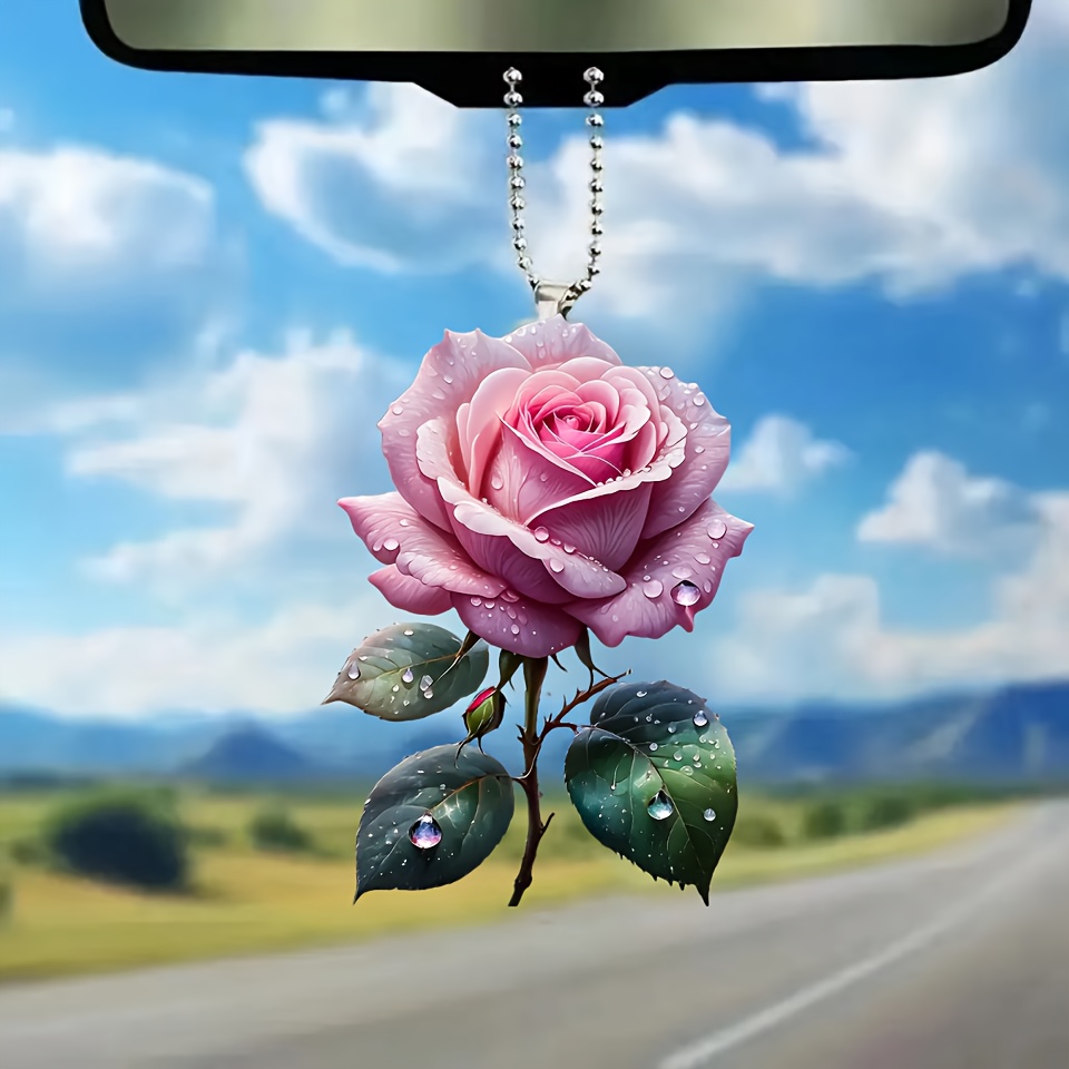 TEMU Chic Pink Rose Acrylic Pendant - Versatile 2d Charm For Car Mirror, Bags & Keychains, Perfect Home Decor Accessory