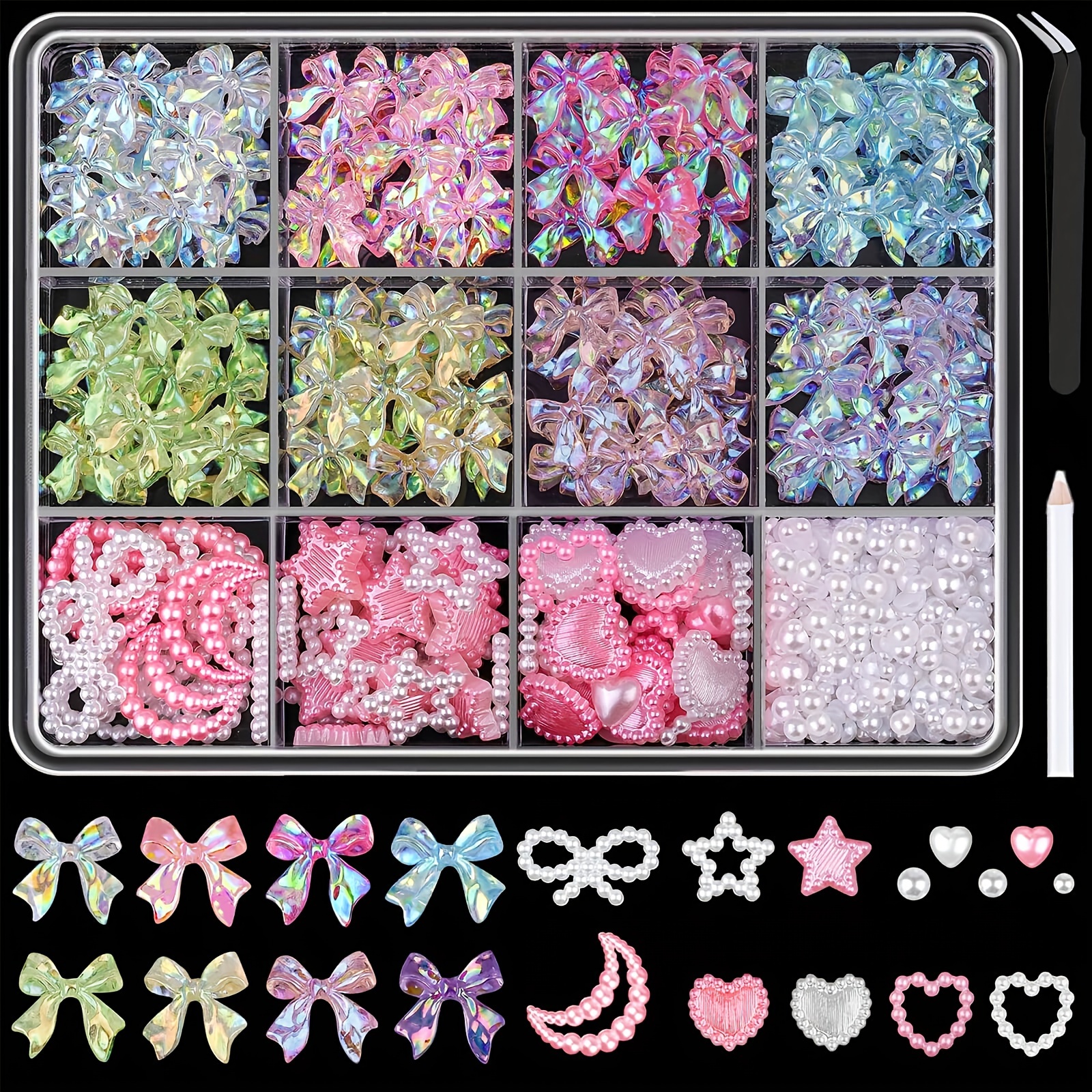 

500pcs 3d Nail Art Charms And Pearls Set, Shiny Bow Rhinestones, Pink & White Hearts Stars Moons, Nail Diy Decoration With Tweezers And Picker Pencil