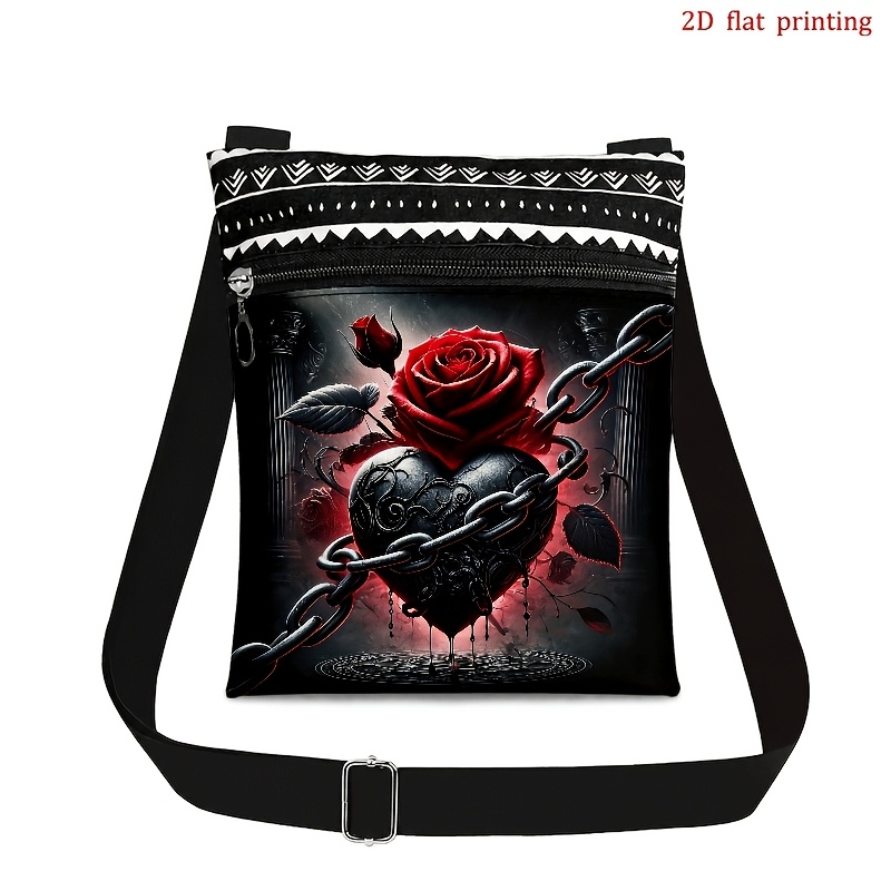 TEMU 2d Flat Crossbody Bag Suitable For Men And Women, Adjustable Shoulder Strap And Zipper Closure, Dark Gothic Style Red Rose Chain Heart Print