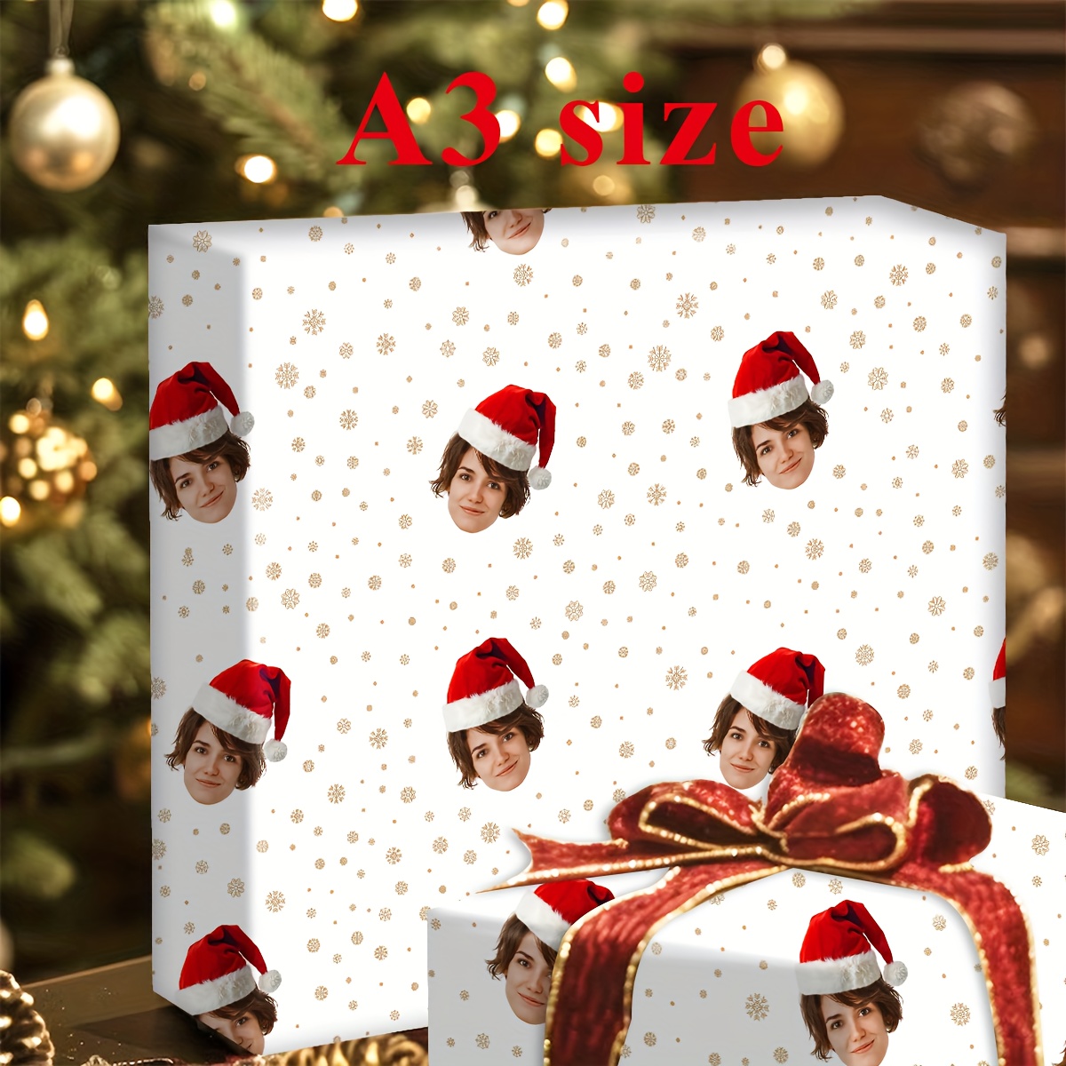 TEMU 3pcs Personalized Photo Wrapping Papers With Christmas Theme, Custom Faces With Santa Hats Wrapping Papers For Wedding Anniversary Birthday