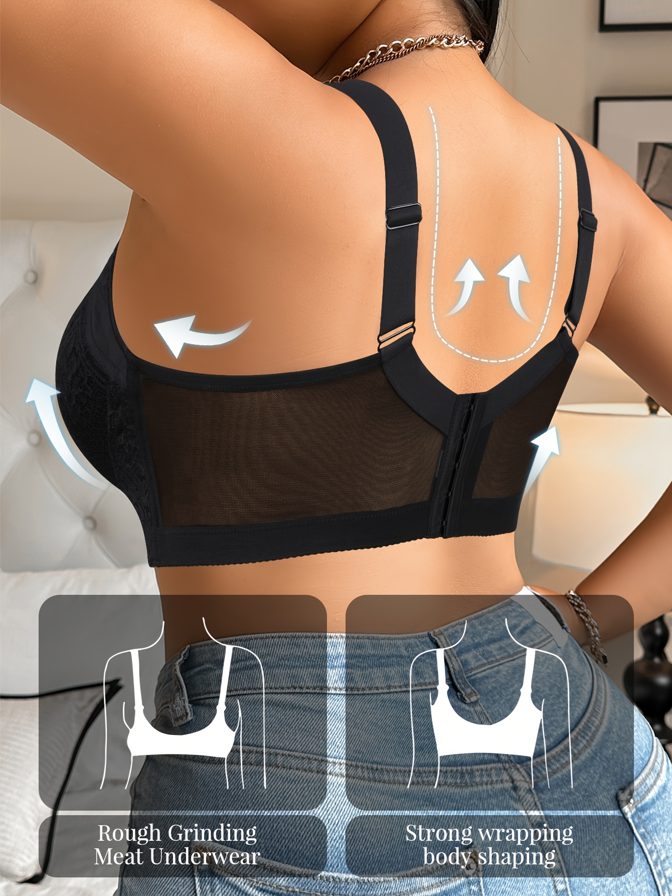 Plus Size Women's Elegant Contrast Lace Underwire Bra - Anti-Sagging Comfort Fit, Medium Support Steel Boning & Non-Detachable Padded Cups, Solid Black for Everyday & Special Occasions, Special Occasion Lingerie | Pearl Charm Bra | Adjustable Straps